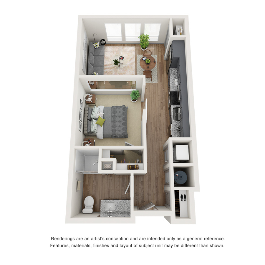 Rendering of the E1 floor plan with a Studio bedroom and 1 bathroom[s] at IMT Ballantyne