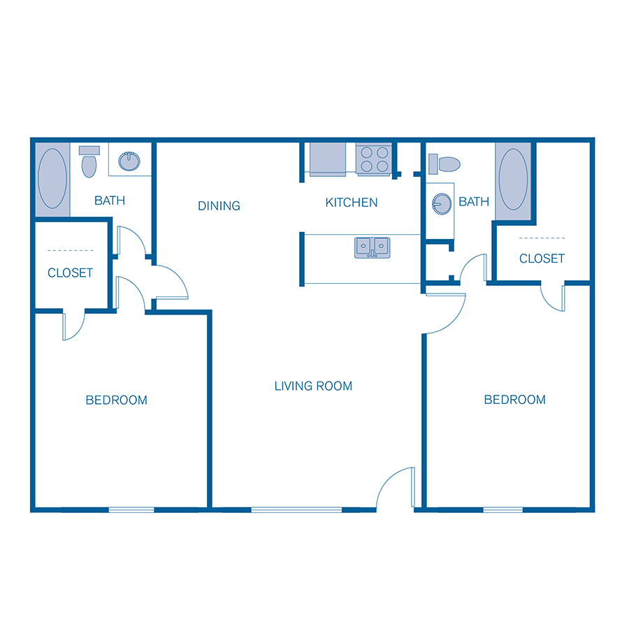 Rendering of the 2B floor plan with 2 bedroom[s] and 2 bathroom[s] at Pavilion Place (IMT)