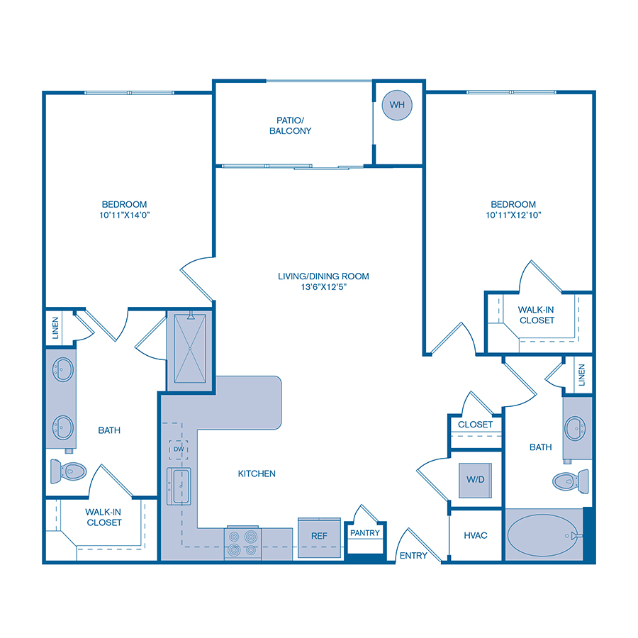 Rendering of the B1 floor plan with 2 bedroom[s] and 2 bathroom[s] at IMT at RidgeGate