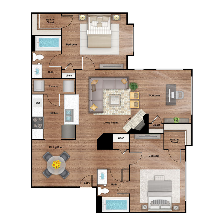 Rendering of the B2 Upgrade floor plan with 2 bedroom[s] and 2 bathroom[s] at IMT Alpharetta