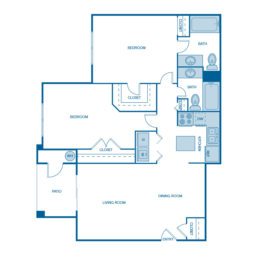Rendering of the B1 floor plan with 2 bedroom[s] and 2 bathroom[s] at IMT Lowry