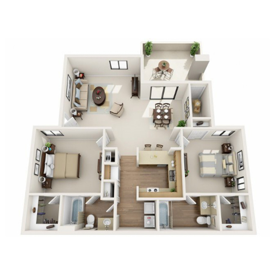 Rendering of the B1 floor plan with 2 bedroom[s] and 2 bathroom[s] at IMT Chandler