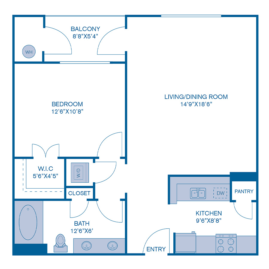 Rendering of the A9 floor plan with 1 bedroom[s] and 1 bathroom[s] at IMT at City Park