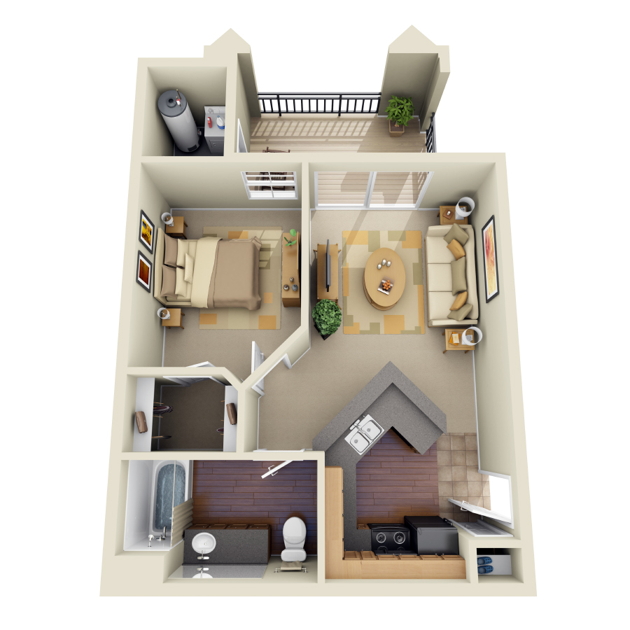 Rendering of the A1 floor plan with 1 bedroom[s] and 1 bathroom[s] at IMT Stevenson Ranch