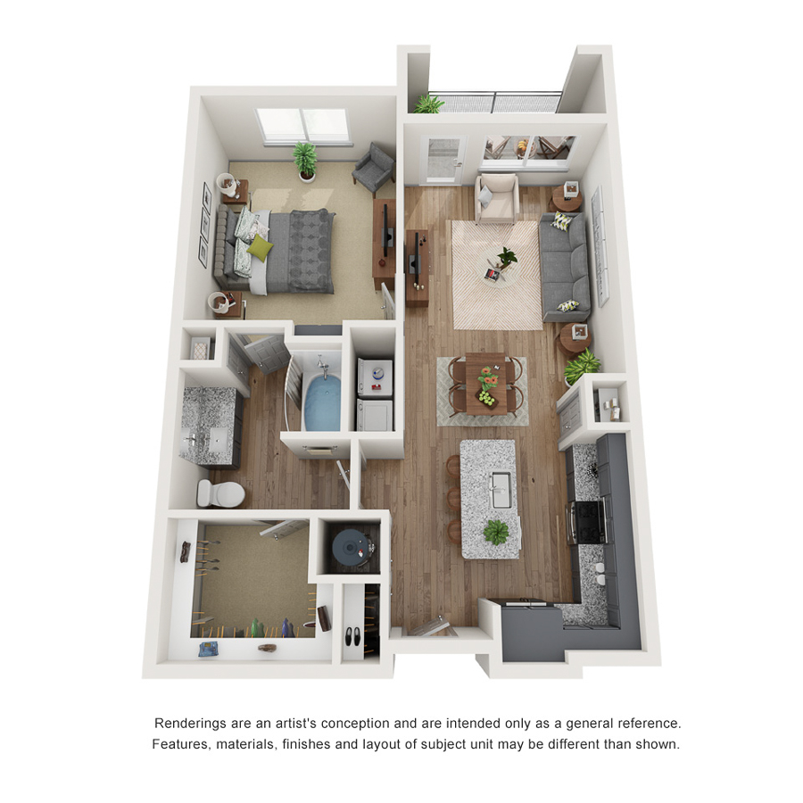 Rendering of the A3 floor plan with 1 bedroom[s] and 1 bathroom[s] at IMT Ballantyne