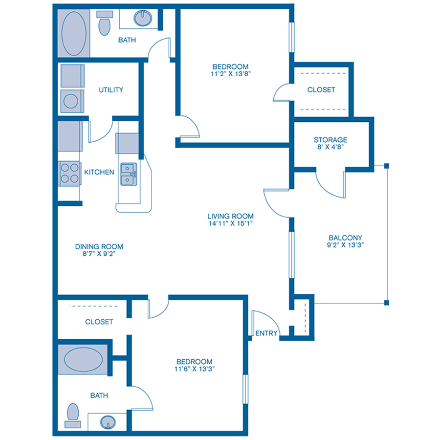 Rendering of the B2 floor plan with 2 bedroom[s] and 2 bathroom[s] at IMT Woodland Meadows