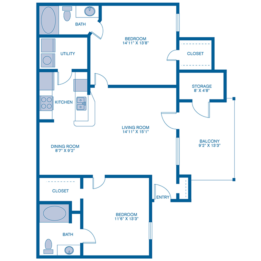 Rendering of the B1 floor plan with 2 bedroom[s] and 2 bathroom[s] at IMT Woodland Meadows
