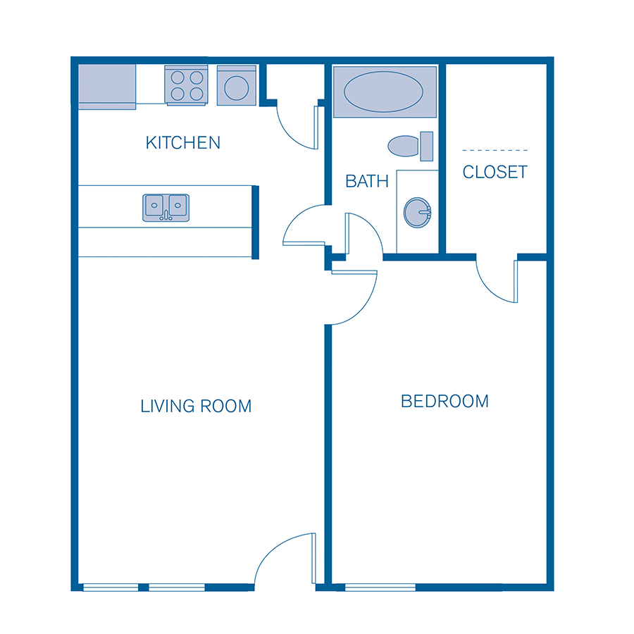 Rendering of the 1A floor plan with 1 bedroom[s] and 1 bathroom[s] at 5401 Chimney Rock