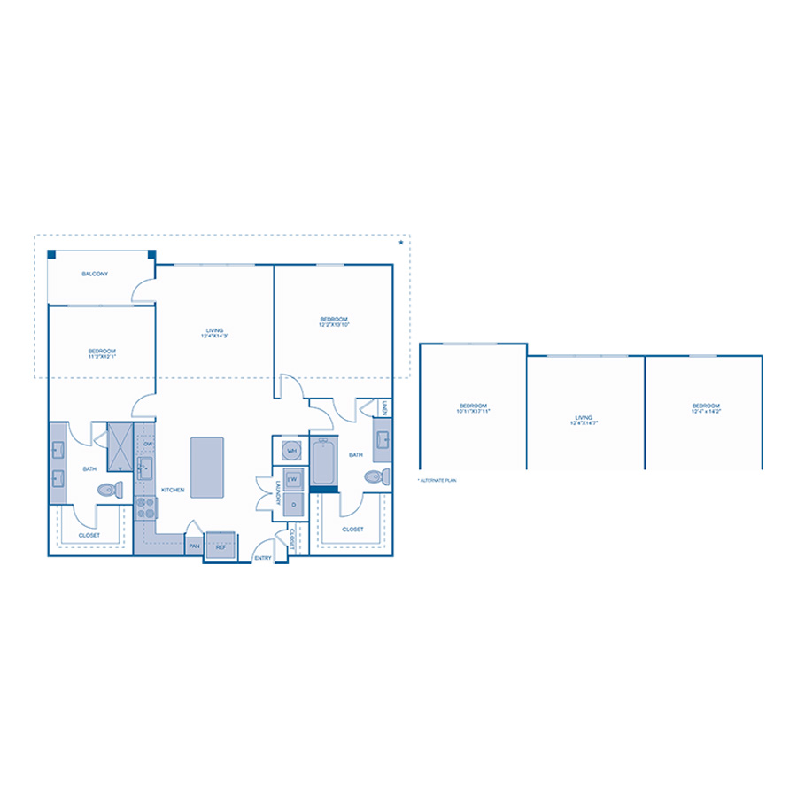 Rendering of the B1 floor plan with 2 bedroom[s] and 2 bathroom[s] at IMT Lake House