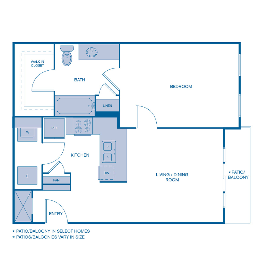 Rendering of the A1 floor plan with 1 bedroom[s] and 1 bathroom[s] at IMT Franklin Gateway