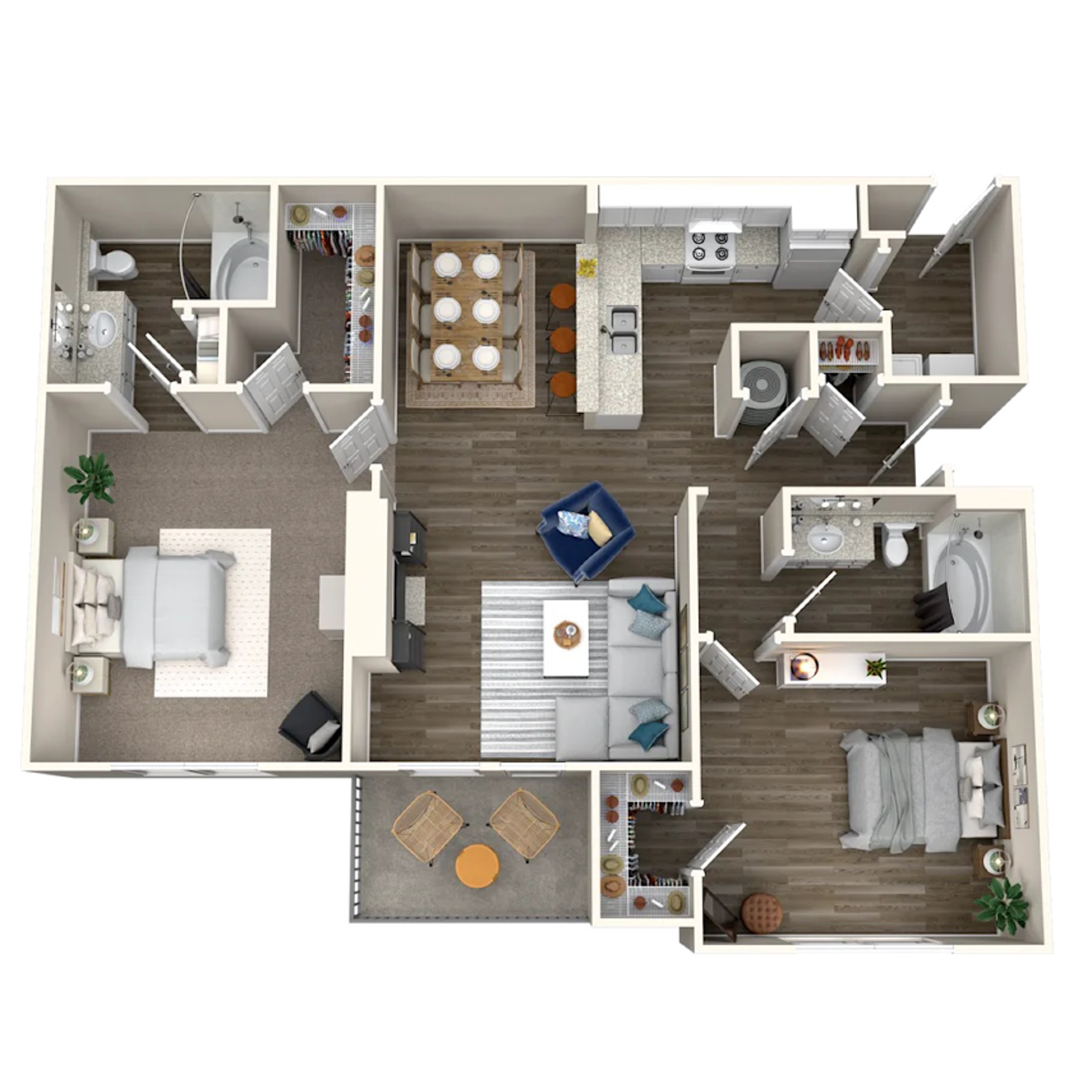 Rendering of the B2 floor plan with 2 bedroom[s] and 2 bathroom[s] at IMT Deerfield