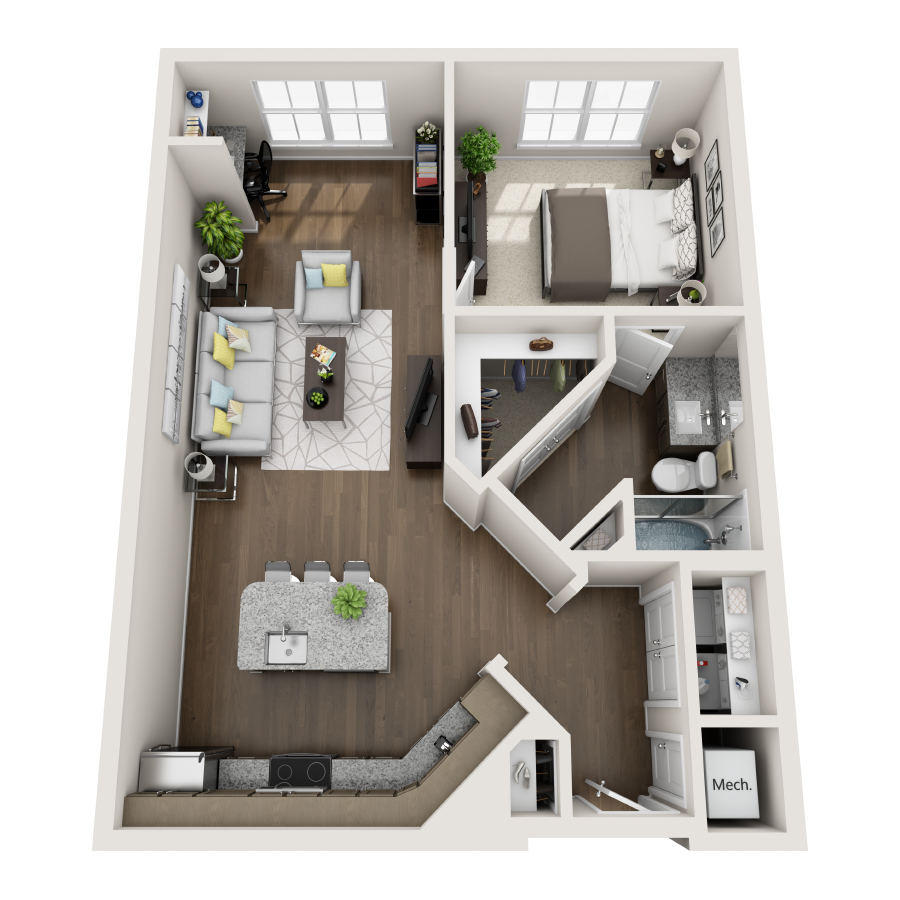 Rendering of the A4 floor plan with 1 bedroom[s] and 1 bathroom[s] at IMT Edgewater