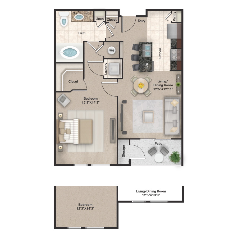 Rendering of the A1 floor plan with 1 bedroom[s] and 1 bathroom[s] at IMT Uptown Post Oak