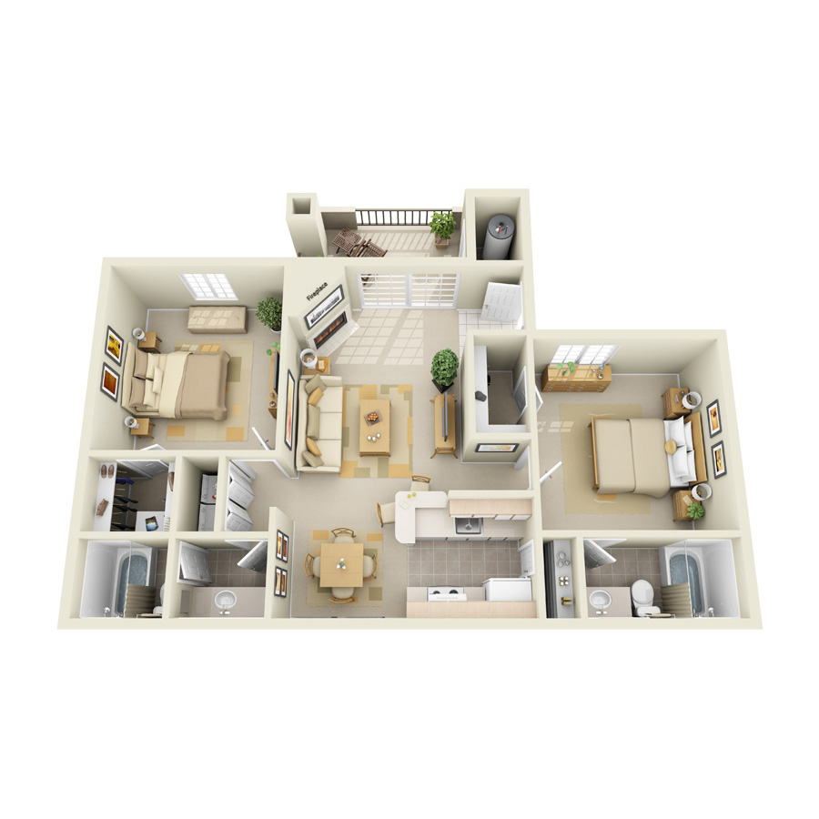 Rendering of the B1 floor plan with 2 bedroom[s] and 2 bathroom[s] at IMT Ahwatukee