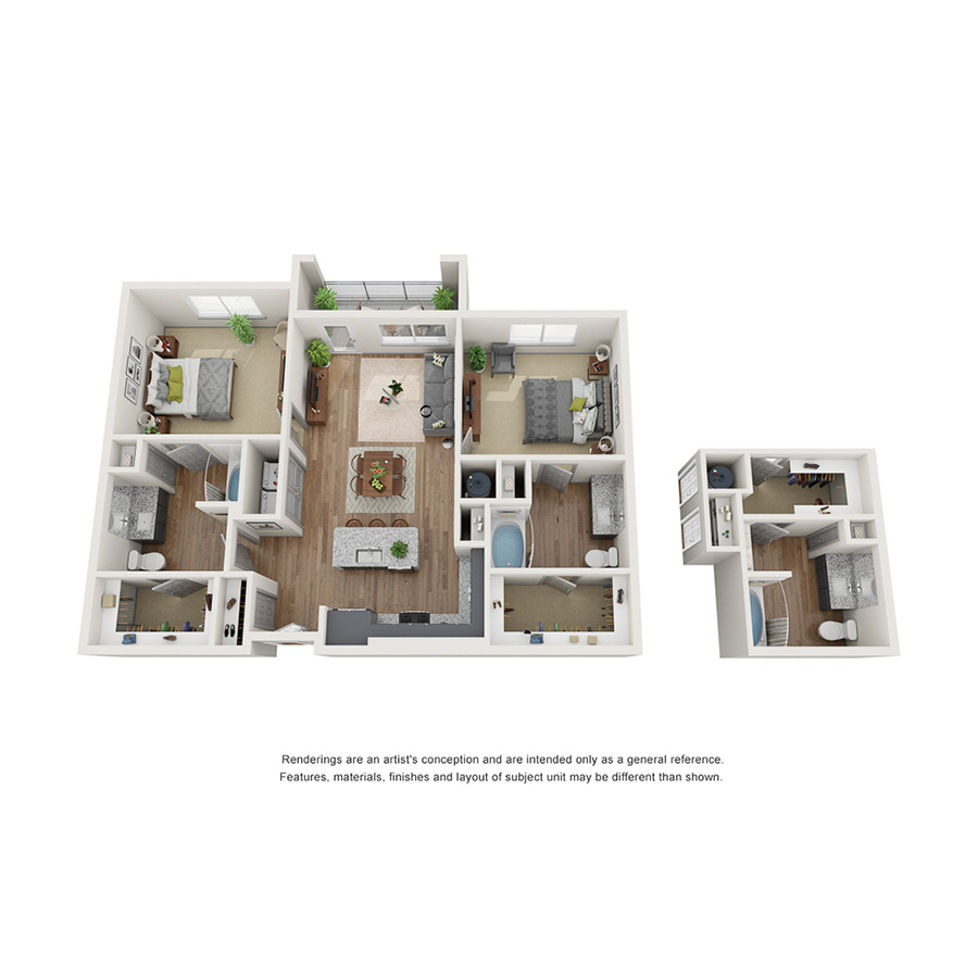 Rendering of the B2 floor plan with 2 bedroom[s] and 2 bathroom[s] at IMT Ballantyne