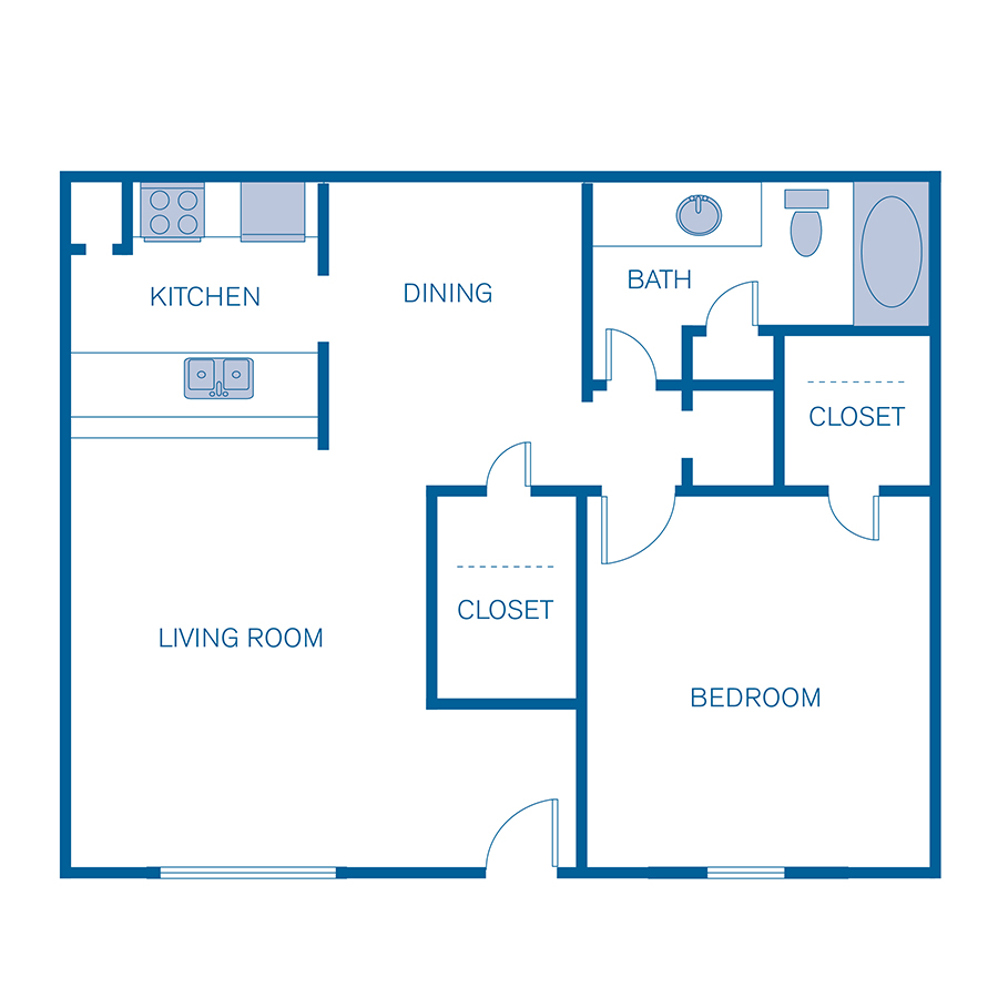 Rendering of the 1C floor plan with 1 bedroom[s] and 1 bathroom[s] at Pavilion Place